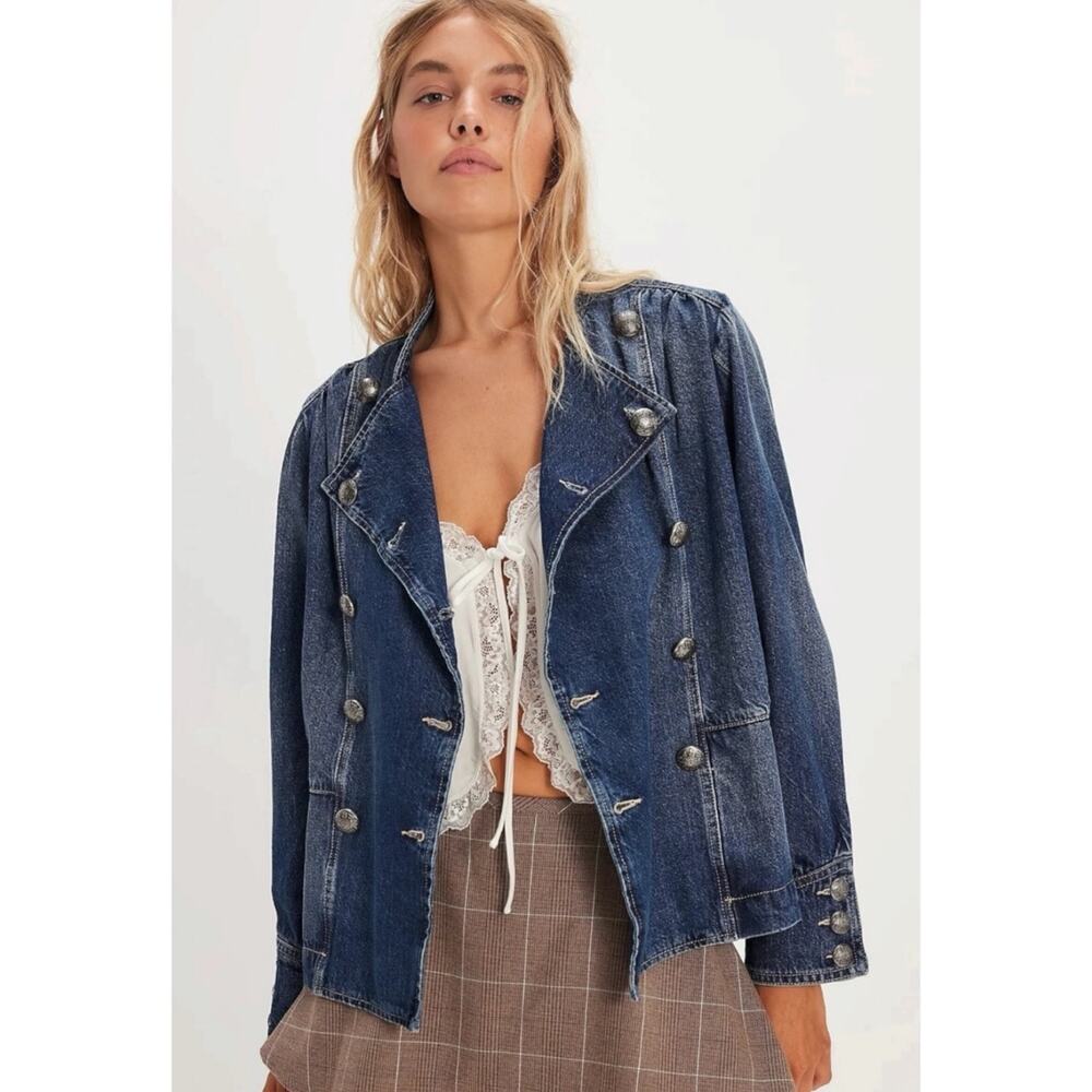 Free People Imogene Denim Officer Jacket in Ensign Wash Size XL Military Denim - Picture 2 of 16